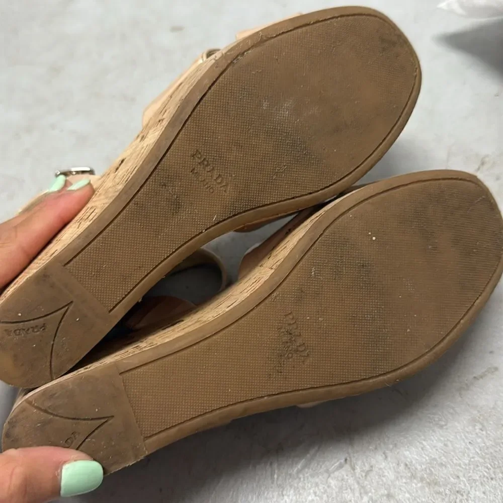 Elegant Beige Wedge Sandals PRADA Authetic Wedge Platform Patent Tan Sandals